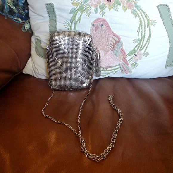 Whiting & Davis Silver Mesh Metal Tassel Crossbody - Picture 2 of 15